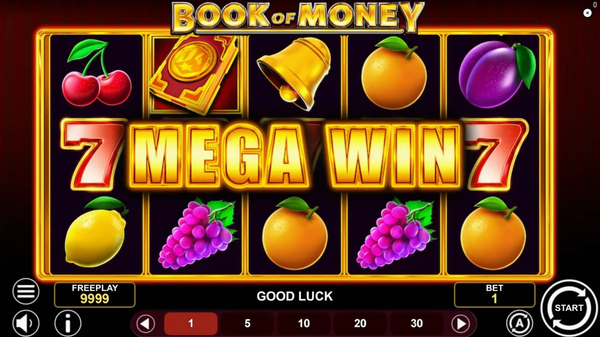 Tampilan layar mesin slot Book of Money dengan simbol buah dan buku