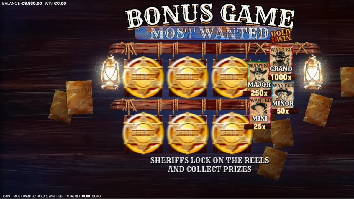 Tampilan visual permainan slot Most Wanted: Hold & Win dengan tema koboi